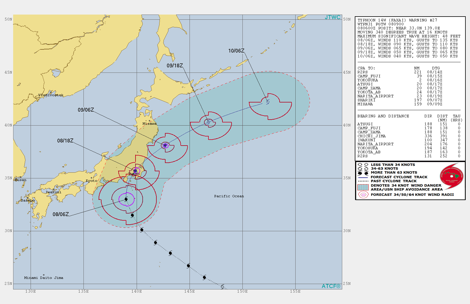 Typhoon Faxai should hit Yokosuka and Tokyo within 12h with top gusts over 200km/h close to center