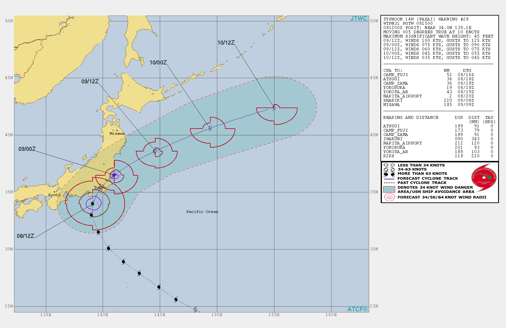Typhoon Faxai bearing on Tokyo area. Kozushima reports a 224km/h gust