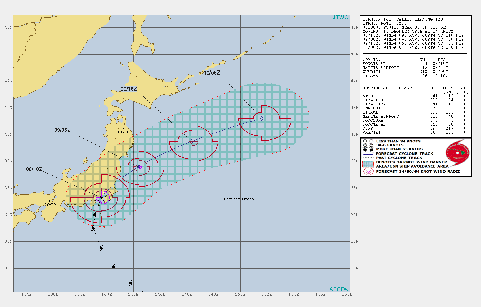 Typhon FAXAI has made landfall over Honshu. Back over open seas within 6h.