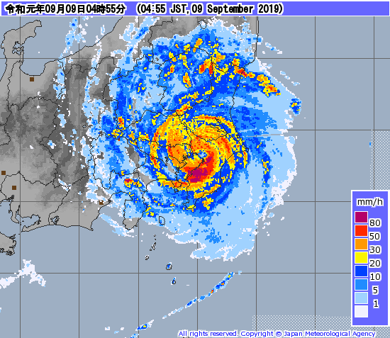 Typhon FAXAI has made landfall over Honshu. Back over open seas within 6h.