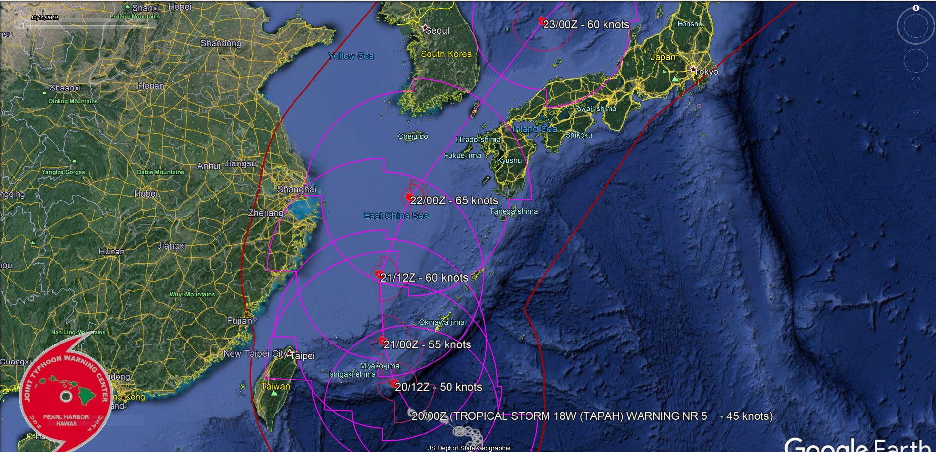 Tapah(18W) intensifying, typhoon intensity forecast in 48h south of Jeju