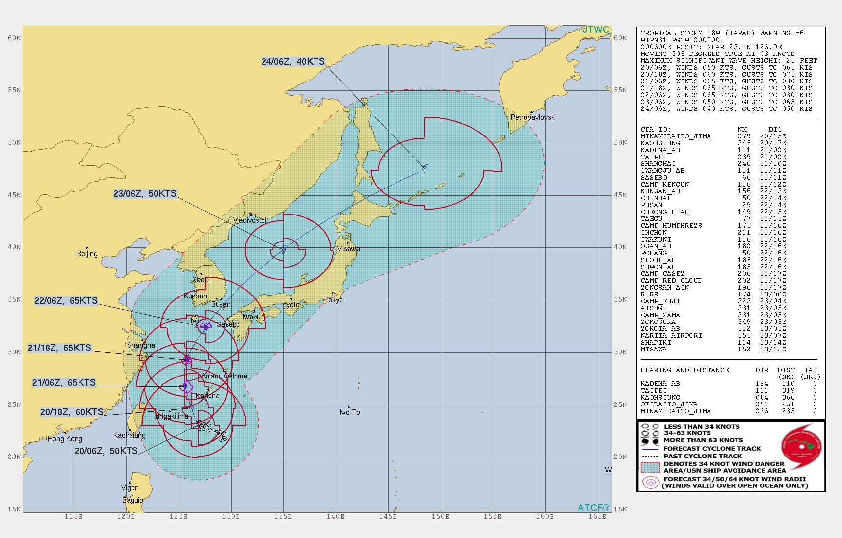 PEAK INTENSITY OF 65KNOTS FORECAST IN 24H