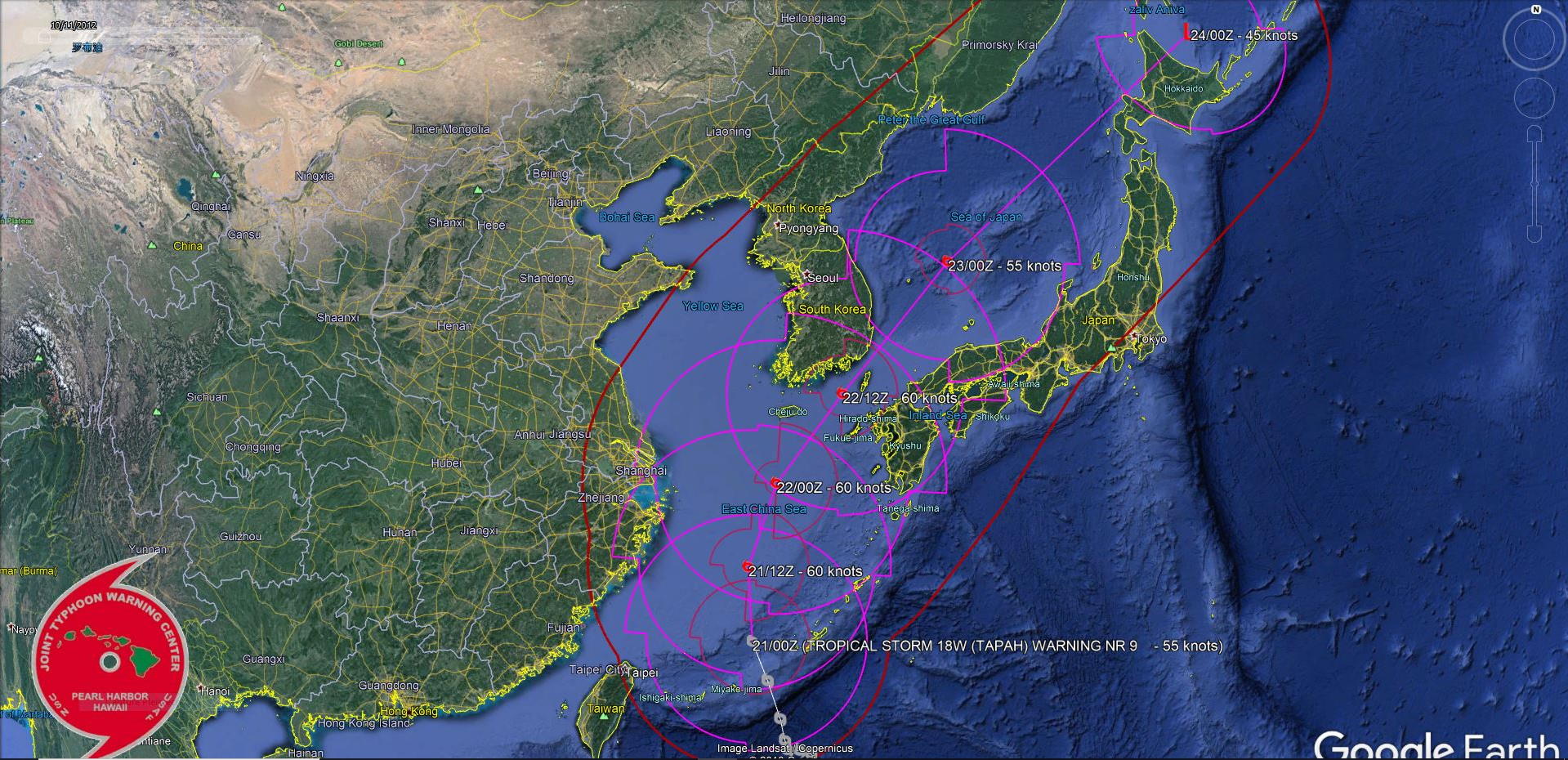 Tapah(18W) will begin extratropical transition in 48h over the cooler Sea of Japan