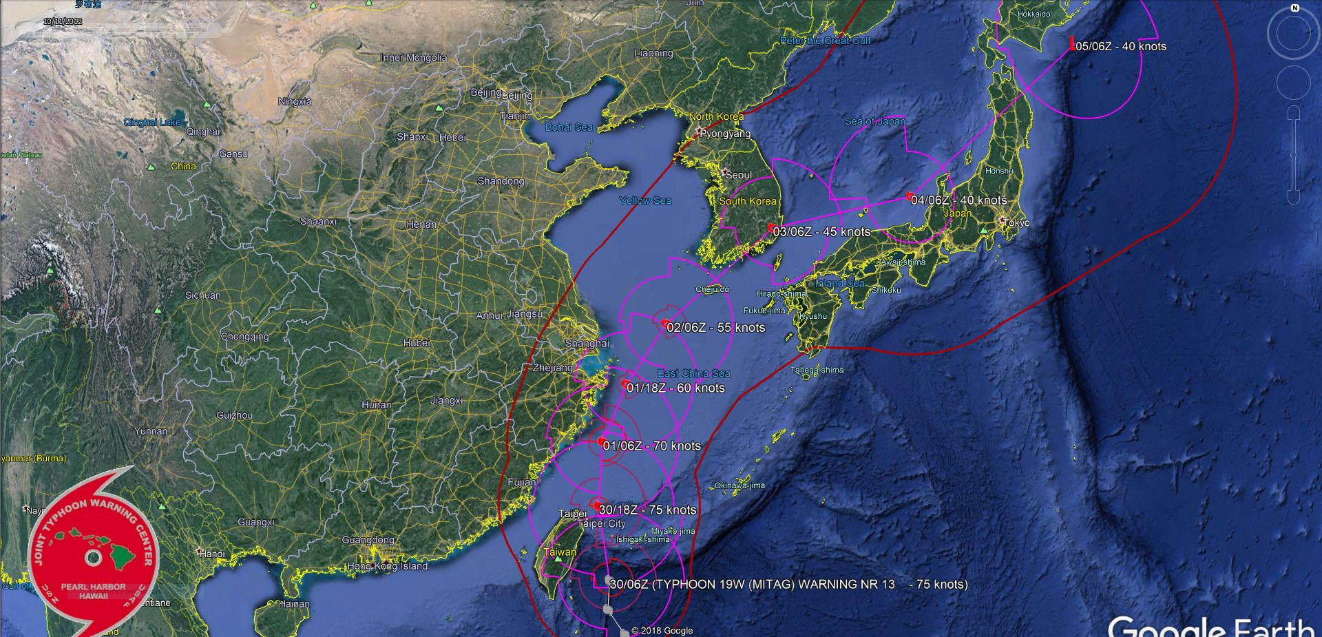 Typhoon Mitag(cat 1) is tracking between Eastern Taiwan and Ishigakijima