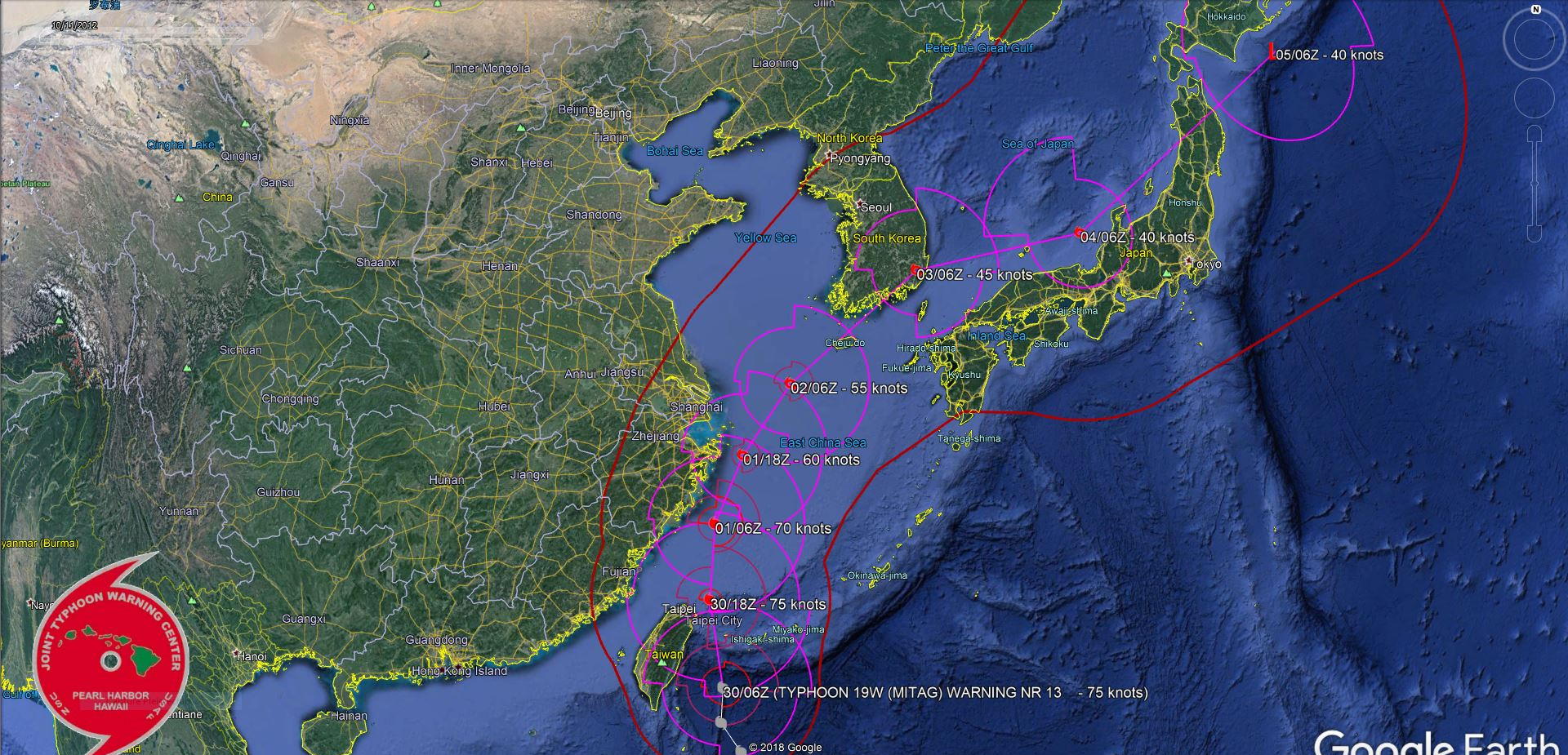 Typhoon Mitag(cat 1) is tracking between Eastern Taiwan and Ishigakijima