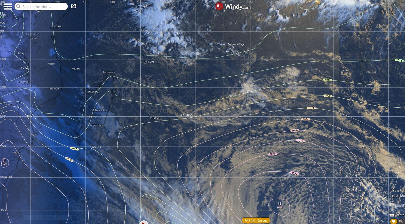 Analyse de surface de ce matin du modèle européen. L'anticyclone est en retrait loin au Sud-Est des Mascareignes. WINDY