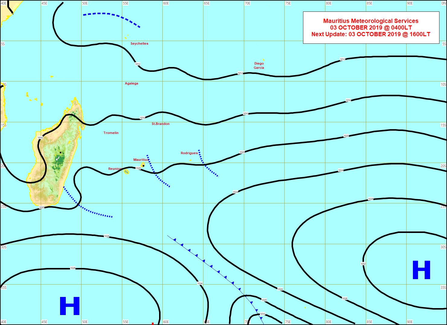 Des lignes d'instabilité affectent Rodrigues et Maurice où le temps est moins sec qu'à la Réunion. MMS