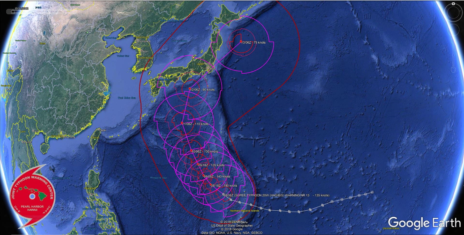 Certes affaibli mais encore "cyclone" Hagibis pourrait menacer la région de Tokyo dans 4 jours mais la prévision reste encore incertaine. JTWC