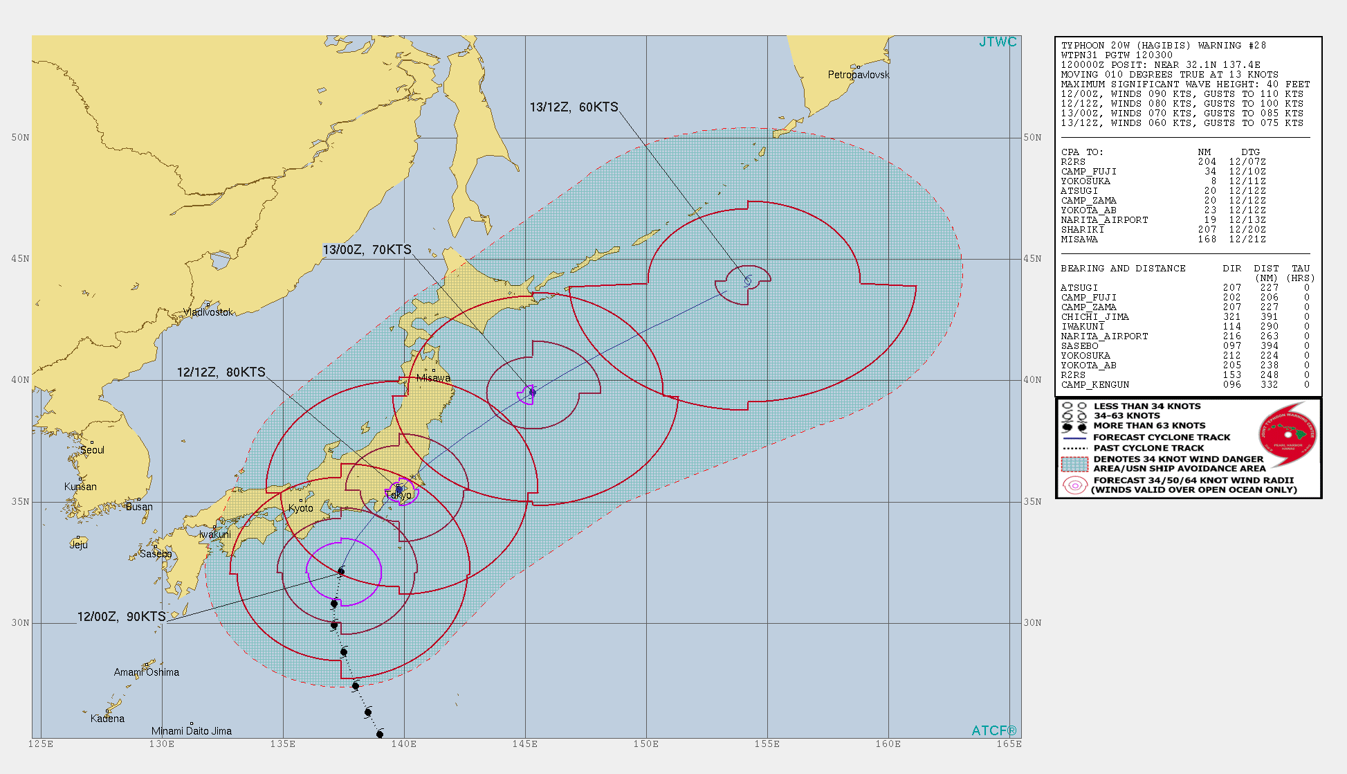 Typhoon Hagibis(20W) making landfall in the Tokyo area within 12hours