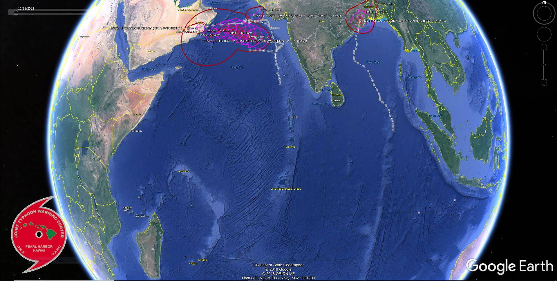 Trajectoires des 4 cyclones suivis cette année au 27 Octobre. JOINT TYPHOON WARNING CENTER