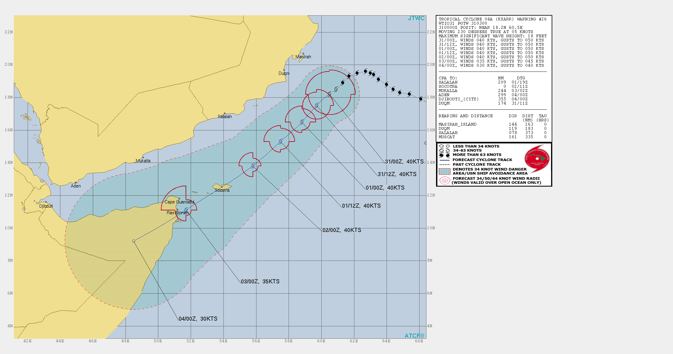TC 04A: FORECAST TO TRACK OVER SOCOTRA ISLAND AS A 40KTS CYCLONE SHORTLY AFTER 48H