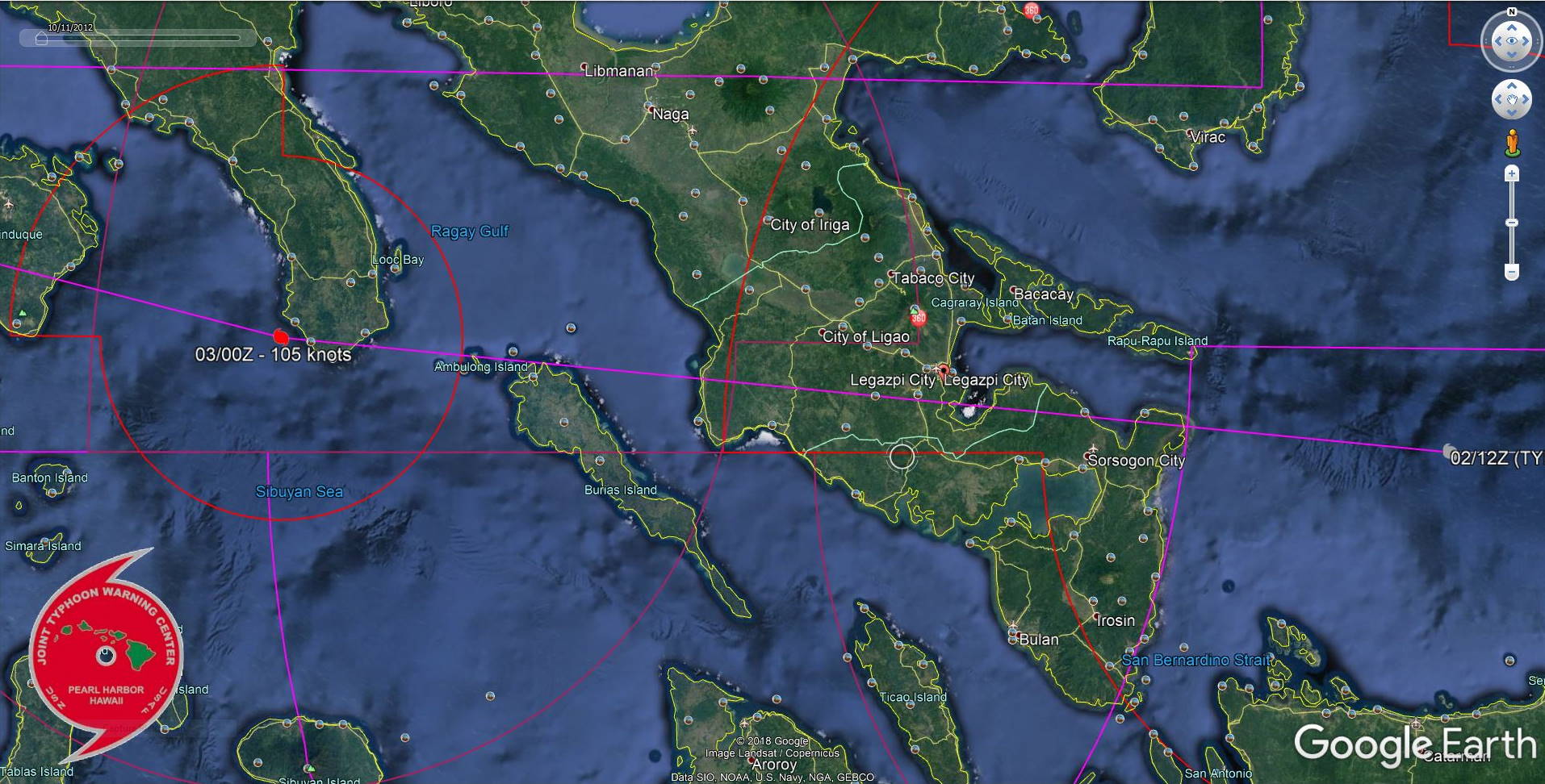 Powerful Typhoon Kammuri(29W), cat 4, tracking almost over Legazpi shortly