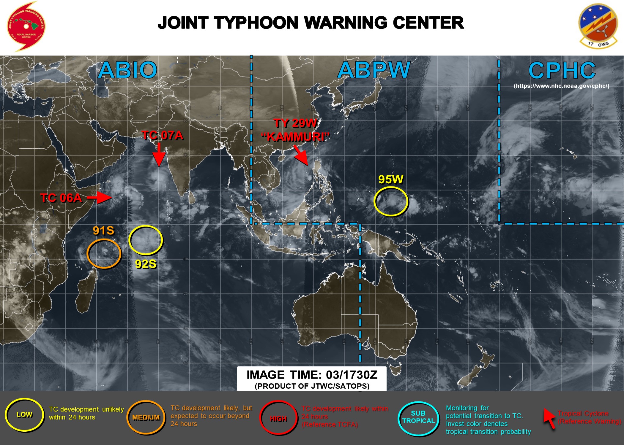 TY Kammuri(29W), Invest 95W, TCs 06A & 07A, Invest 91S & 92S: Updates at 03/18UTC