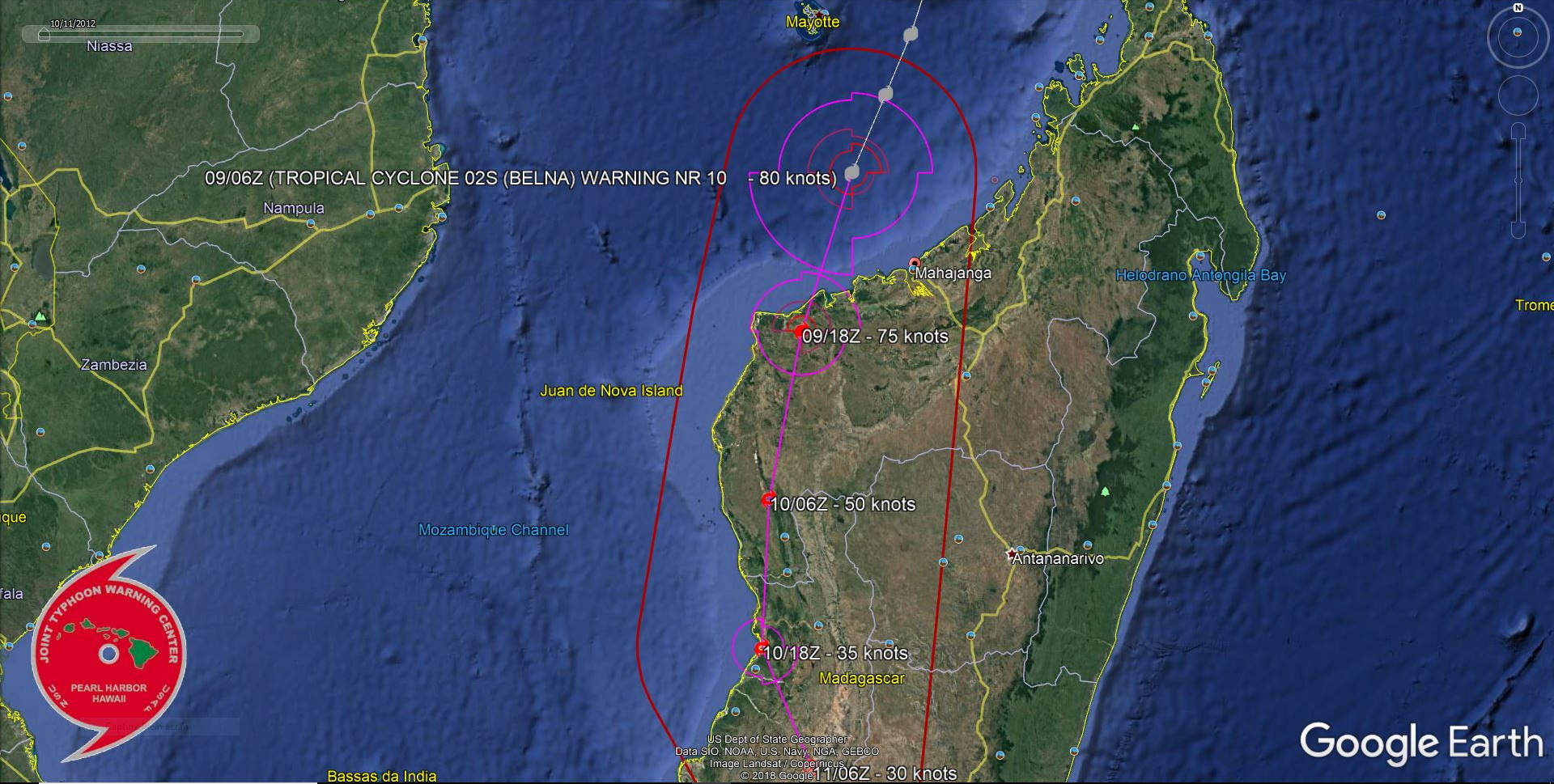TC 02S(BELNA) making landfall near Soalala/Madagascar within 12h as a Cat1/2