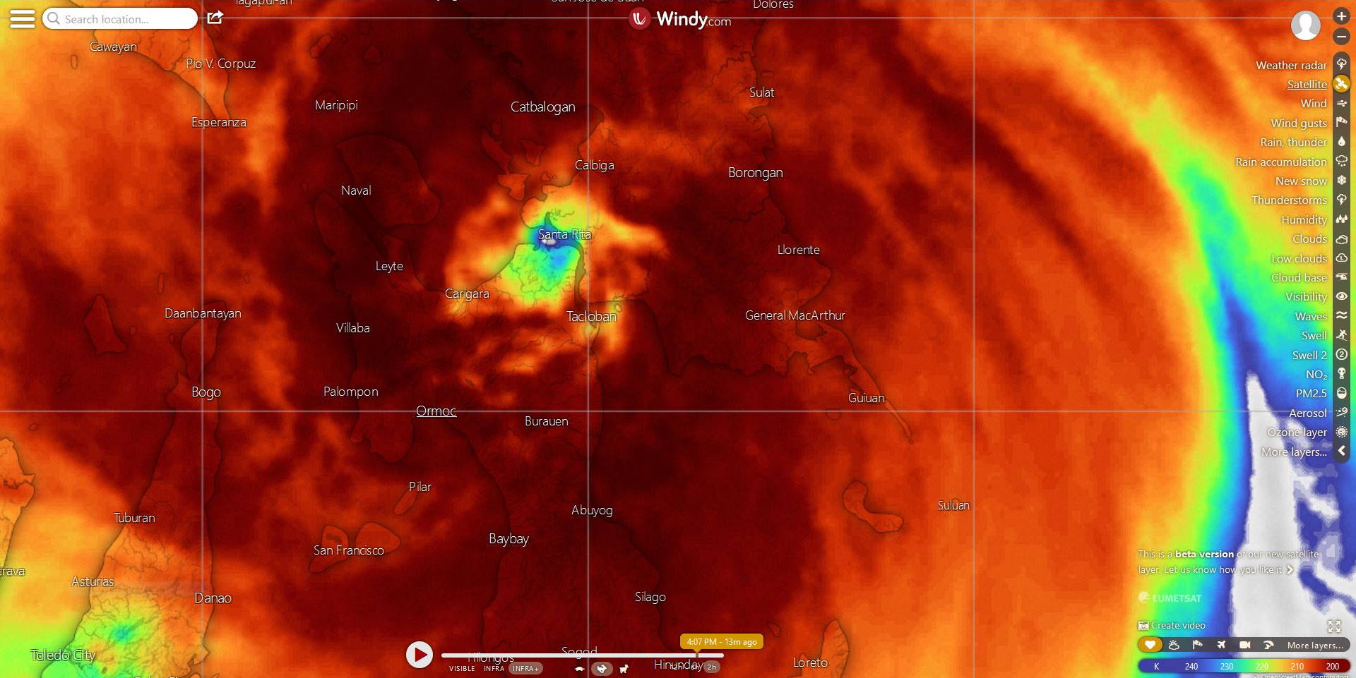 Typhoon Phanfone Update at 12UTC: the eye over Santa Rita just to the North of Tacloban
