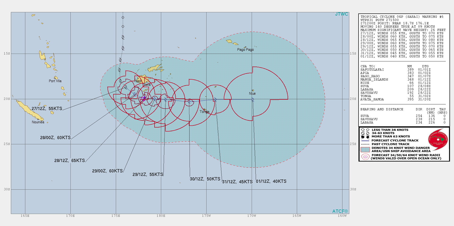 04P( Sarai) tracking apprx 200km South of Suva/Fiji and intensifying