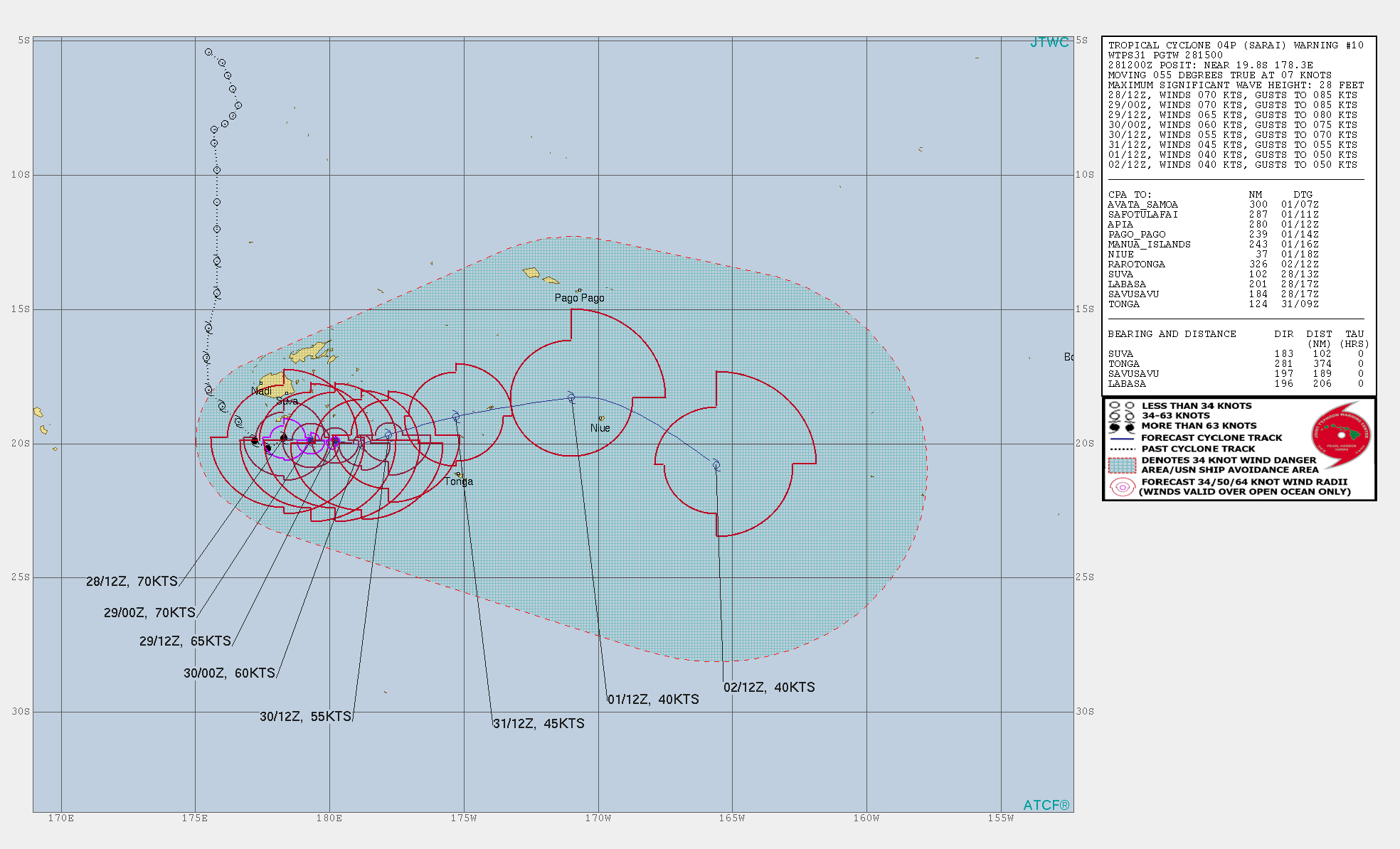04P( Sarai) near peak intensity: 70knots, Cat1 US. Should be weakening rapidly after 36h