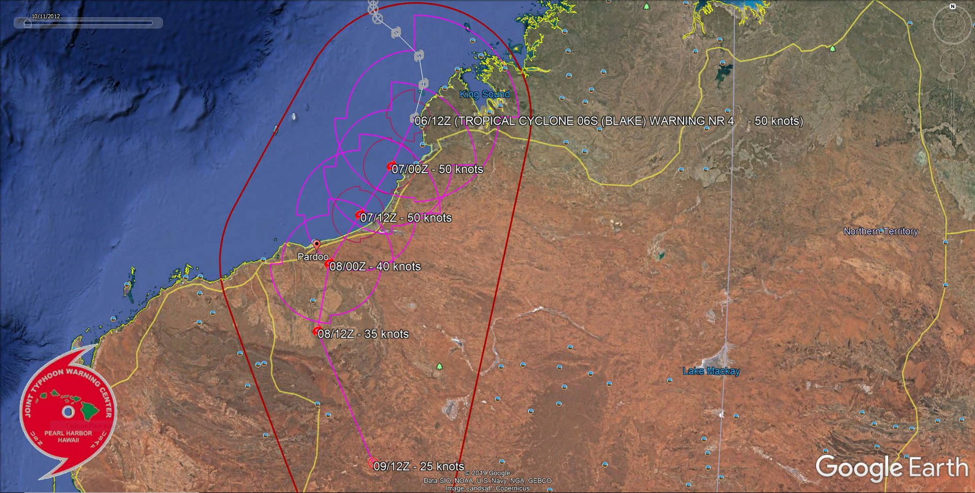 TC 06S(BLAKE) tracking just west of Broome as a 50knots cyclone