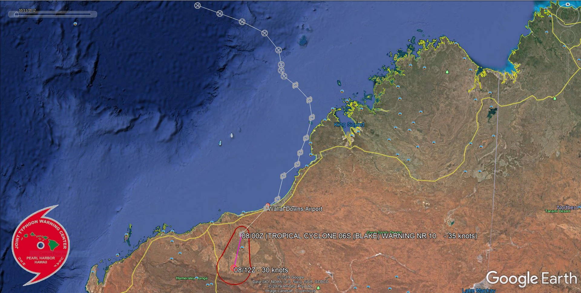 TC 06S(BLAKE) made landfall near Wallal Downs, lifetime peak intensity was 50knots