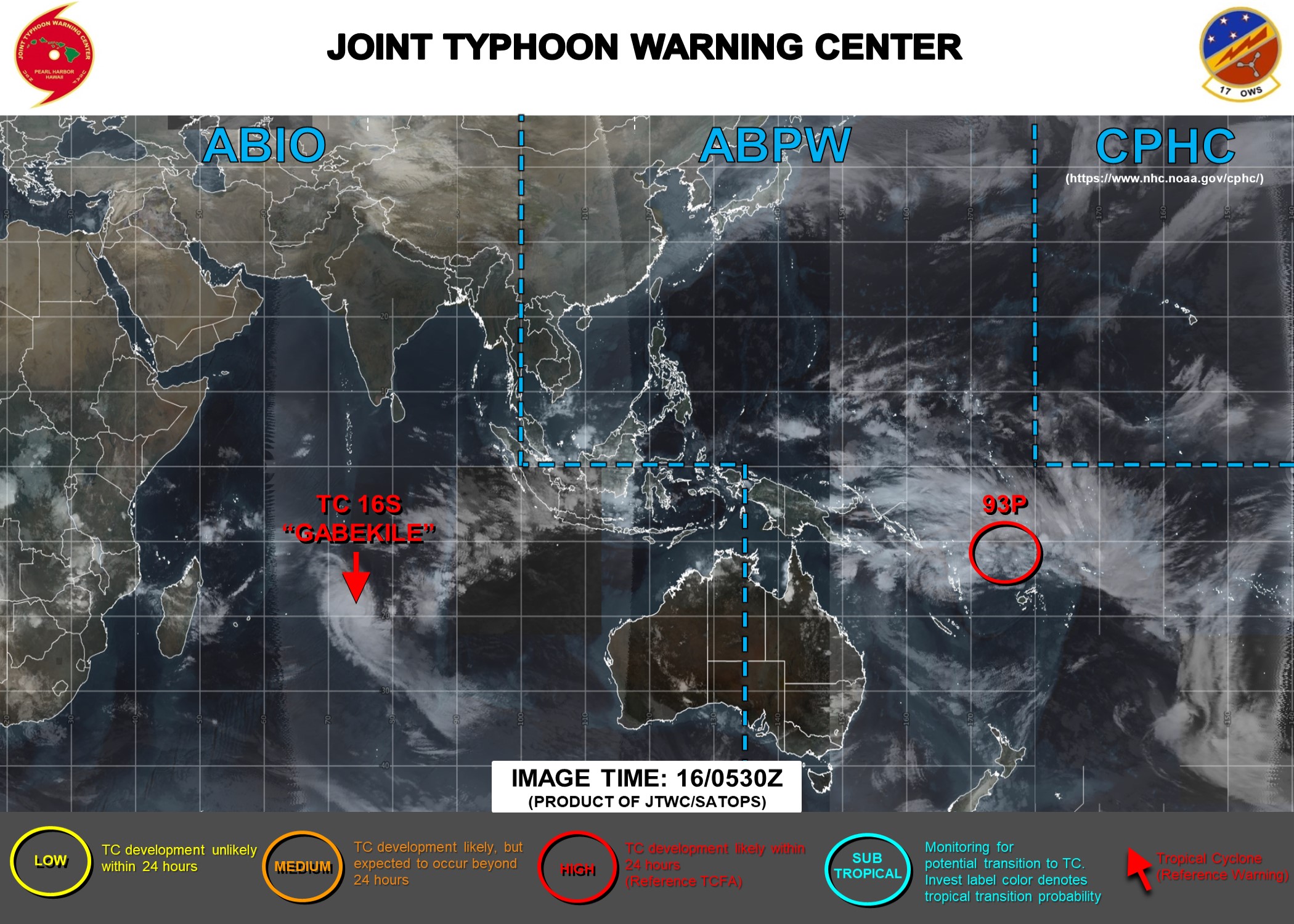 TC 16S(GABEKILE): category 1 US and Invest 93P: updates at 16/06UTC
