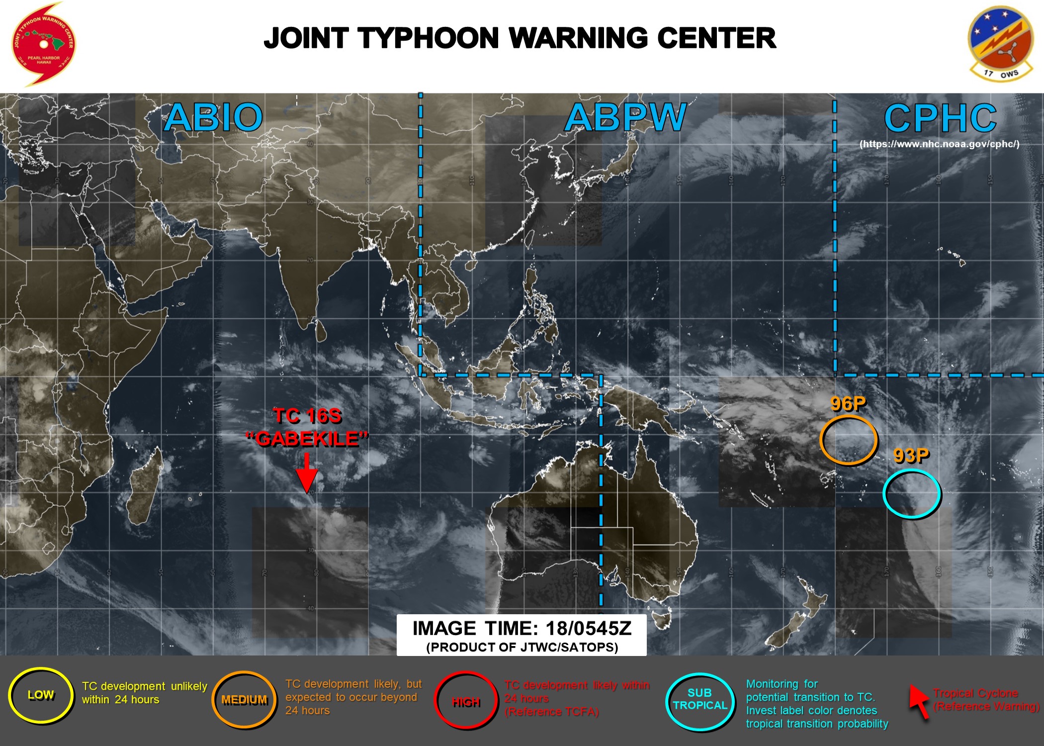 16S(GABEKILE): reduced to a 35knots TC, 93P & 96P updates at 18/06UTC