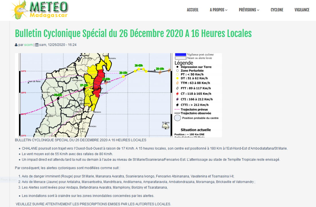 Bulletin Cyclonique avec les différents niveaux d'alerte émis à 16heures ce Samedi. MÉTÉO MADAGASCAR.