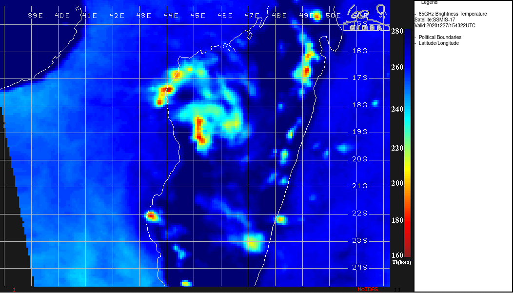 MICROWAVE IMAGERY CONTINUES TO REVEAL AN ORGANIZED CONVECTIVE STRUCTURE DESPITE THE RECENT TRACK OVER THE RUGGED, MOUNTAINOUS TERRAIN OF MADAGASCAR.