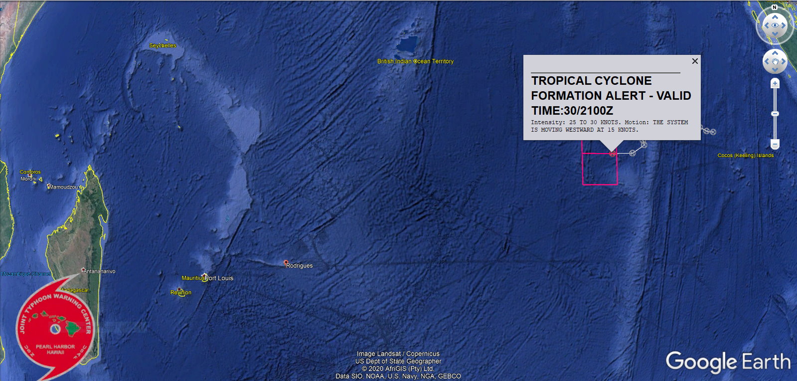 INVEST 93S: TCFA ISSUED FOR THE AREA WITH 30KNOTS WINDS AT 31/00UTC. LOCATED APPRX 1340KM TO THE COCOS ISLANDS AND 2360KM TO RODRIGUES. MOVING WESTWARD.