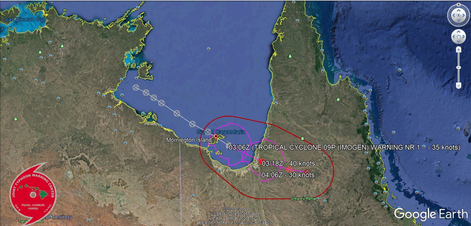 TC 09P(IMOGEN) WARNING 1: NEAR-TERM INTENSIFICATION (THE NEXT  6 TO 12 HOURS) TO A PEAK OF 45 TO 50 KNOTS IS LIKELY BEFORE THE  EXPECTED LANDFALL JUST PRIOR 12H NORTH OF KARUMBA, BUT IS NOT  CAPTURED BY THE FORECAST POINTS.