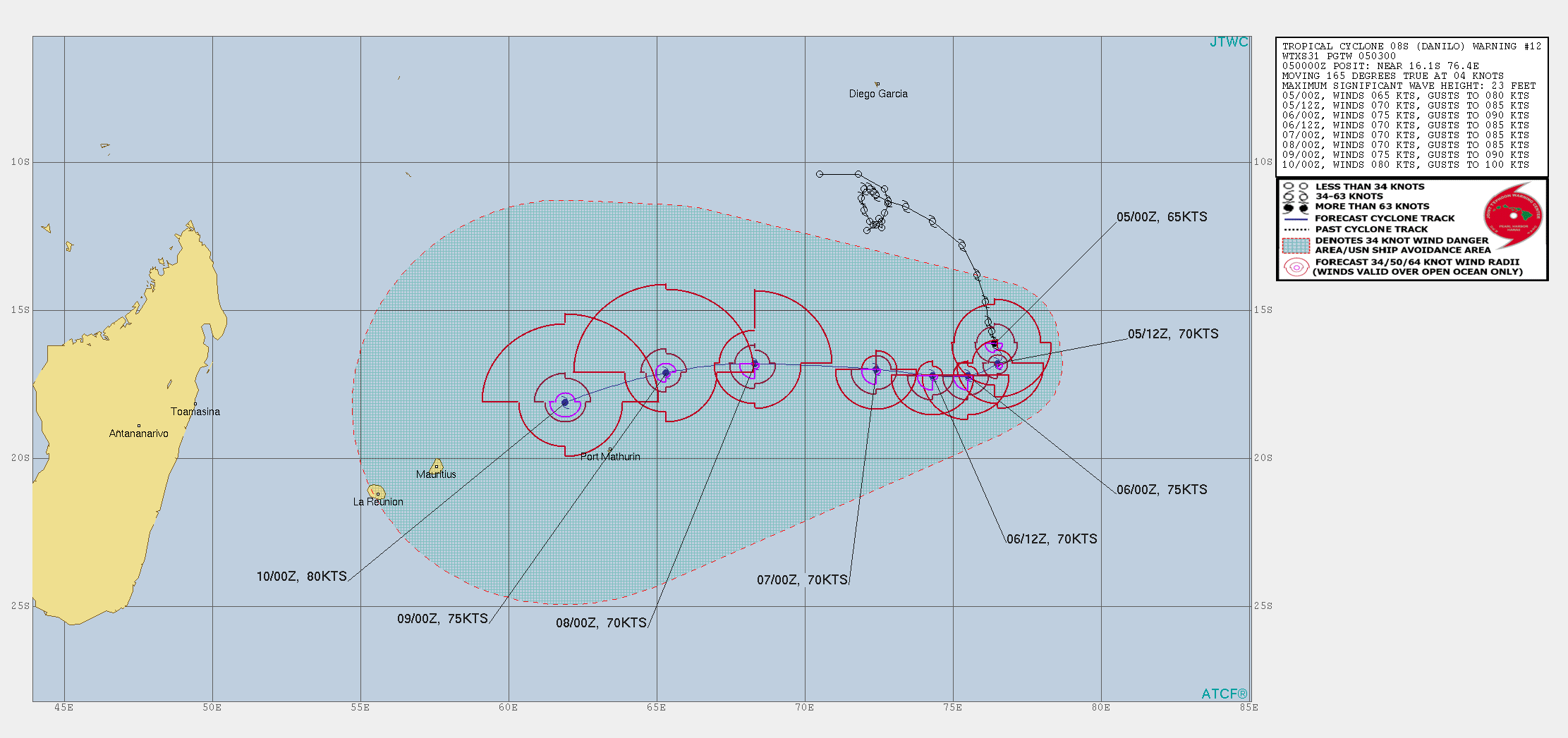 OVER THE NEXT 12 HOURS TC 08S IS  FORECAST TO TRACK SOUTHWARD AND THEN TURN SOUTHWESTWARD.BY 24H THE SYSTEM WILL BEGIN A WESTWARD  TRAJECTORY THAT WILL CONTINUE THROUGH 96H.IN THE NEAR TERM TC  DANILO IS FORECAST TO INTENSIFY 12H, POSSIBLY RAPIDLY,  DUE TO CONTINUED FAVORABLE ENVIRONMENTAL CONDITIONS. THEREAFTER THE  SYSTEM WILL WEAKEN SLIGHTLY BETWEEN 24 AND 36H.AFTER 96H TC  DANILO WILL BEGIN A GENERALLY SOUTHWESTWARD TRACK.IMPROVING OUTFLOW  ALOFT DURING THIS TIME WILL LEAD TO GRADUAL INTENSIFICATION  THROUGHOUT THE REMAINDER OF THE FORECAST PERIOD TO 80 KNOTS BY 120H. OVER THE NEXT 12 HOURS TC 08S IS  FORECAST TO TRACK SOUTHWARD AND THEN TURN SOUTHWESTWARD.BY 24H THE SYSTEM WILL BEGIN A WESTWARD  TRAJECTORY THAT WILL CONTINUE THROUGH 96H.IN THE NEAR TERM TC  DANILO IS FORECAST TO INTENSIFY 12H, POSSIBLY RAPIDLY,  DUE TO CONTINUED FAVORABLE ENVIRONMENTAL CONDITIONS. THEREAFTER THE  SYSTEM WILL WEAKEN SLIGHTLY BETWEEN 24 AND 36H.AFTER 96H TC  DANILO WILL BEGIN A GENERALLY SOUTHWESTWARD TRACK.IMPROVING OUTFLOW  ALOFT DURING THIS TIME WILL LEAD TO GRADUAL INTENSIFICATION  THROUGHOUT THE REMAINDER OF THE FORECAST PERIOD TO 80 KNOTS BY 120H.