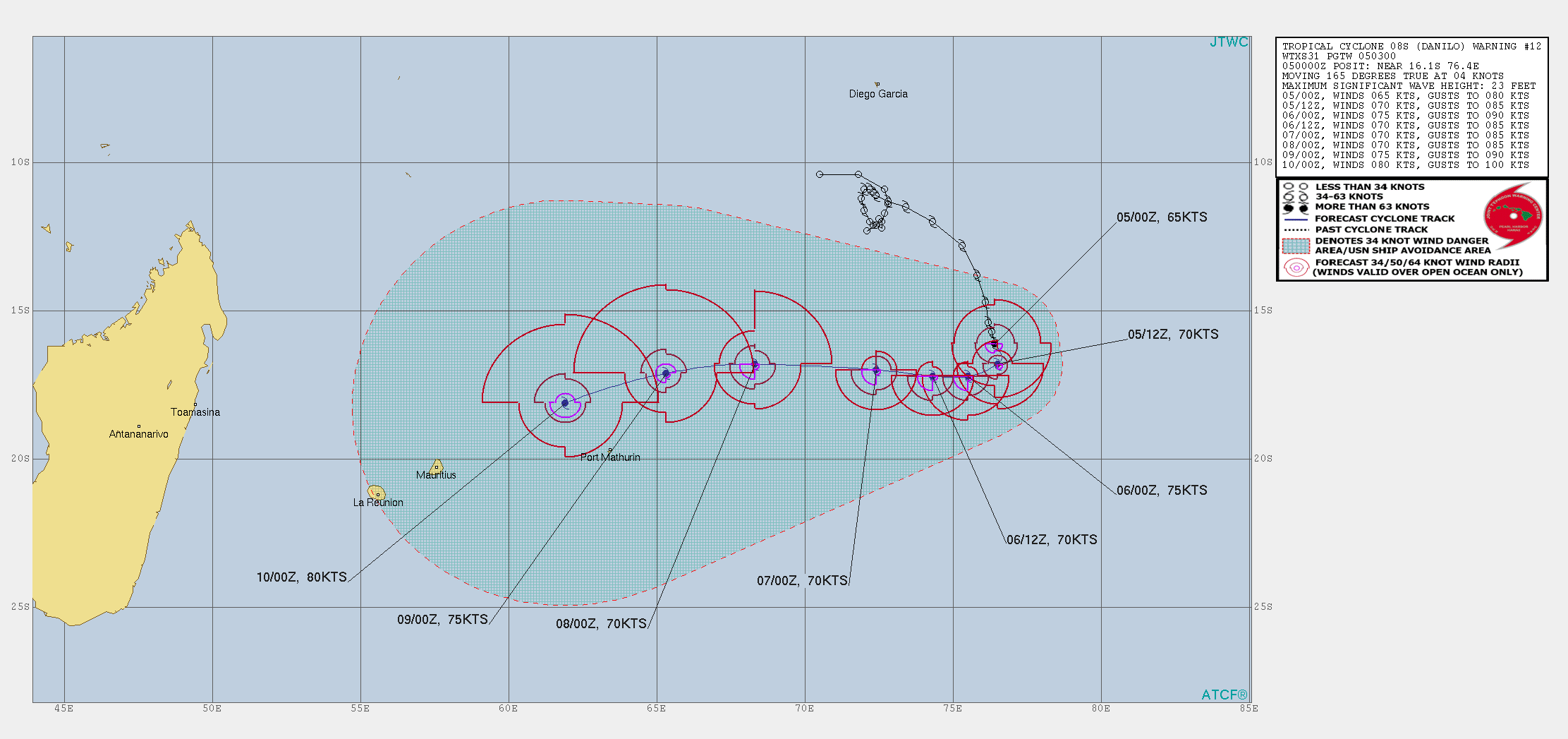 OVER THE NEXT 12 HOURS TC 08S IS  FORECAST TO TRACK SOUTHWARD AND THEN TURN SOUTHWESTWARD.BY 24H THE SYSTEM WILL BEGIN A WESTWARD  TRAJECTORY THAT WILL CONTINUE THROUGH 96H.IN THE NEAR TERM TC  DANILO IS FORECAST TO INTENSIFY 12H, POSSIBLY RAPIDLY,  DUE TO CONTINUED FAVORABLE ENVIRONMENTAL CONDITIONS. THEREAFTER THE  SYSTEM WILL WEAKEN SLIGHTLY BETWEEN 24 AND 36H.AFTER 96H TC  DANILO WILL BEGIN A GENERALLY SOUTHWESTWARD TRACK.IMPROVING OUTFLOW  ALOFT DURING THIS TIME WILL LEAD TO GRADUAL INTENSIFICATION  THROUGHOUT THE REMAINDER OF THE FORECAST PERIOD TO 80 KNOTS BY 120H.