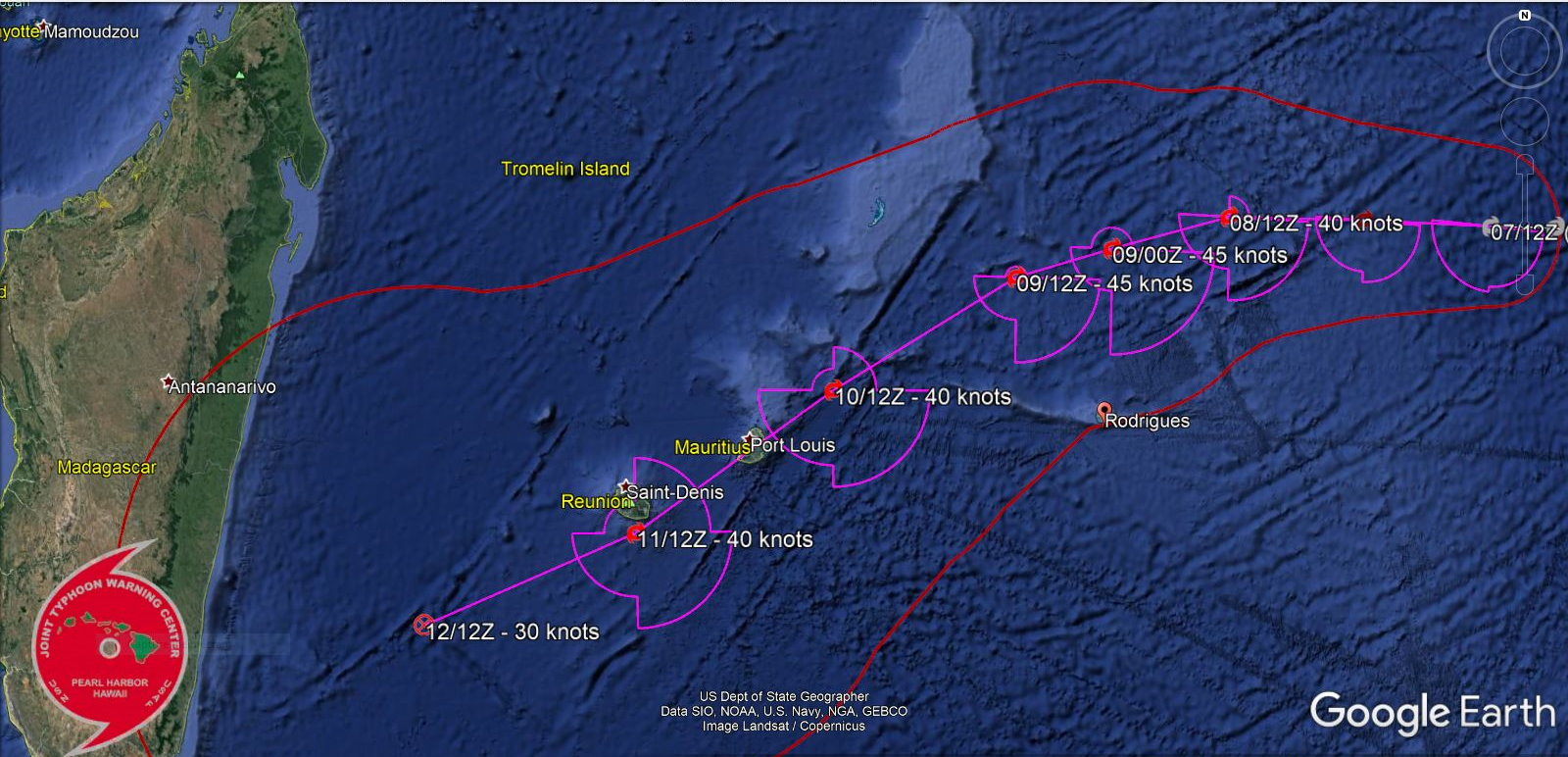 BY 48H, THE SUBTROPICAL RIDGE IS EXPECTED TO WEAKEN  AND MOVE TO THE EAST, ALLOWING 08S(DANILO) TO BEGIN TRACKING MORE  SOUTHWESTWARD TOWARDS MAURITIUS. A SLIGHT IMPROVEMENT IN THE OUTFLOW  ENVIRONMENT, COMBINED WITH LOW SHEAR, SHOULD ALLOW A SLIGHT  INTENSIFICATION OVER THE NEXT 12 HOURS TO 40 KNOTS. NEAR 36H,  OUTFLOW SHOULD IMPROVE ONCE MORE, BRIEFLY TAPPING INTO A POLEWARD  CHANNEL, WHICH, COMBINED WITH CONTINUED LOW SHEAR, WILL RESULT IN A  PEAK INTENSITY OF 45 KNOTS THROUGH 48H.