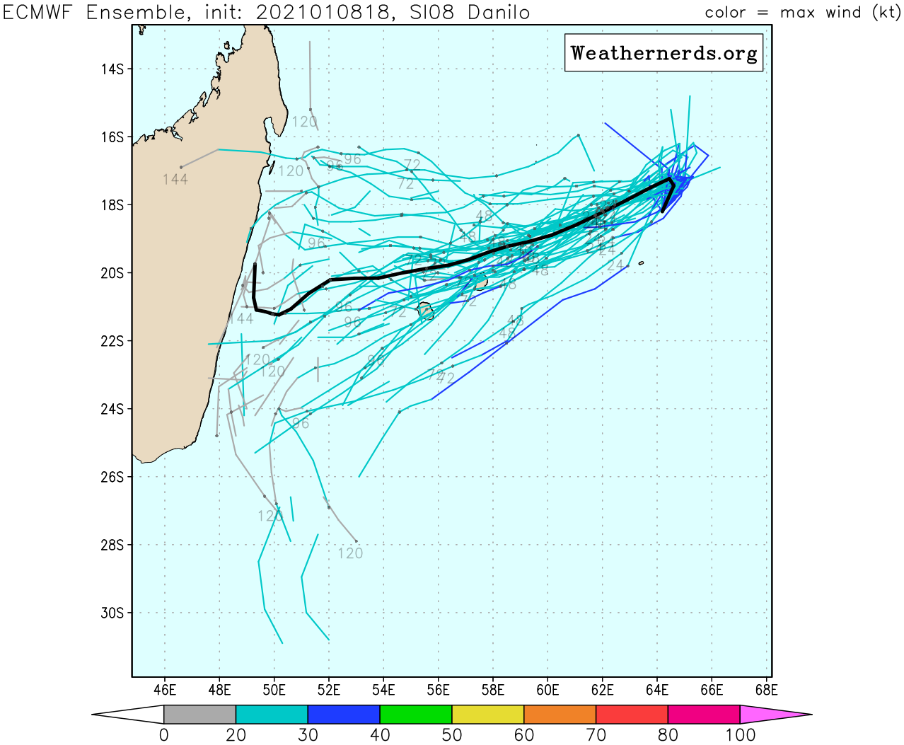 08/18UTC. THE EUROPEAN MODEL TRACKS A WEAK SYSTEM TO THE NORTH OF THE MAURITIUS/RÉUNION AREA
