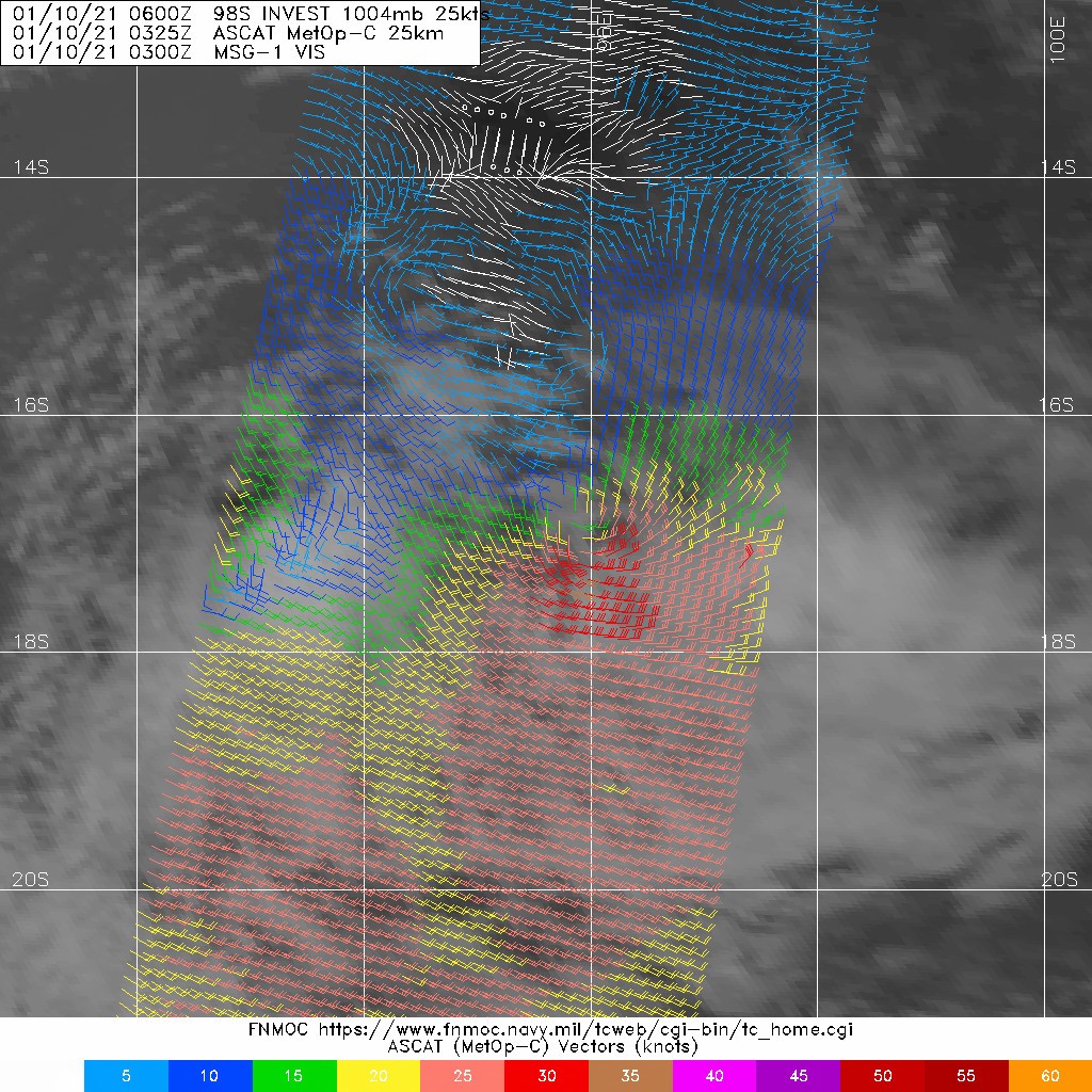 10/0325UTC. INVEST 98S. ASCAT DEPICTED STRONG WINDS UP TO 30/35KNOTS SOUTH OF THE ASSESSED LOW LEVEL CIRCULATION CENTER.