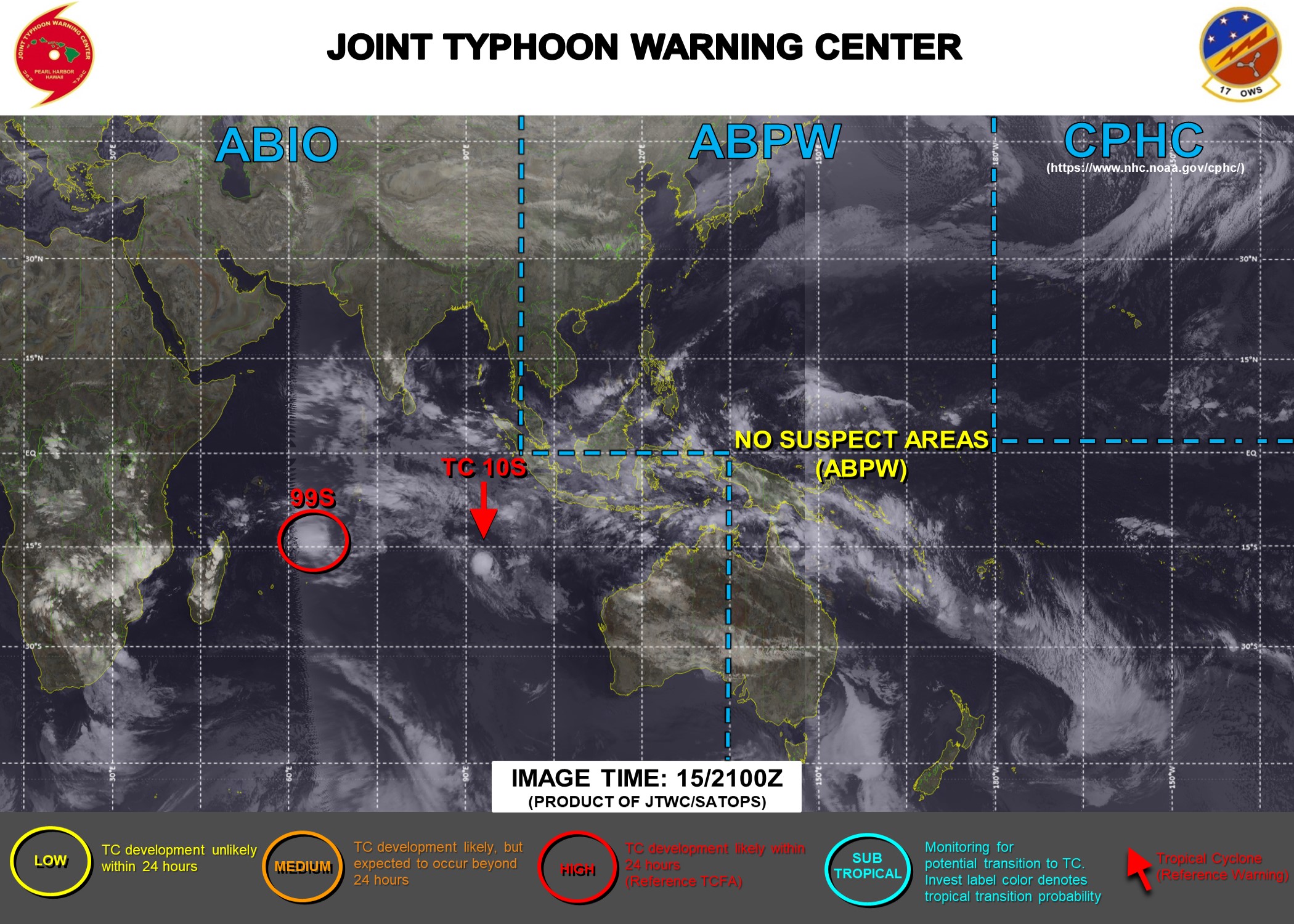 THE JTWC IS ISSUING 12HOURLY WARNINGS FOR TC 10S AND 3HOURLY SATELLITE BULLETINS FOR BOTH TC 10S AND INVEST 99S.