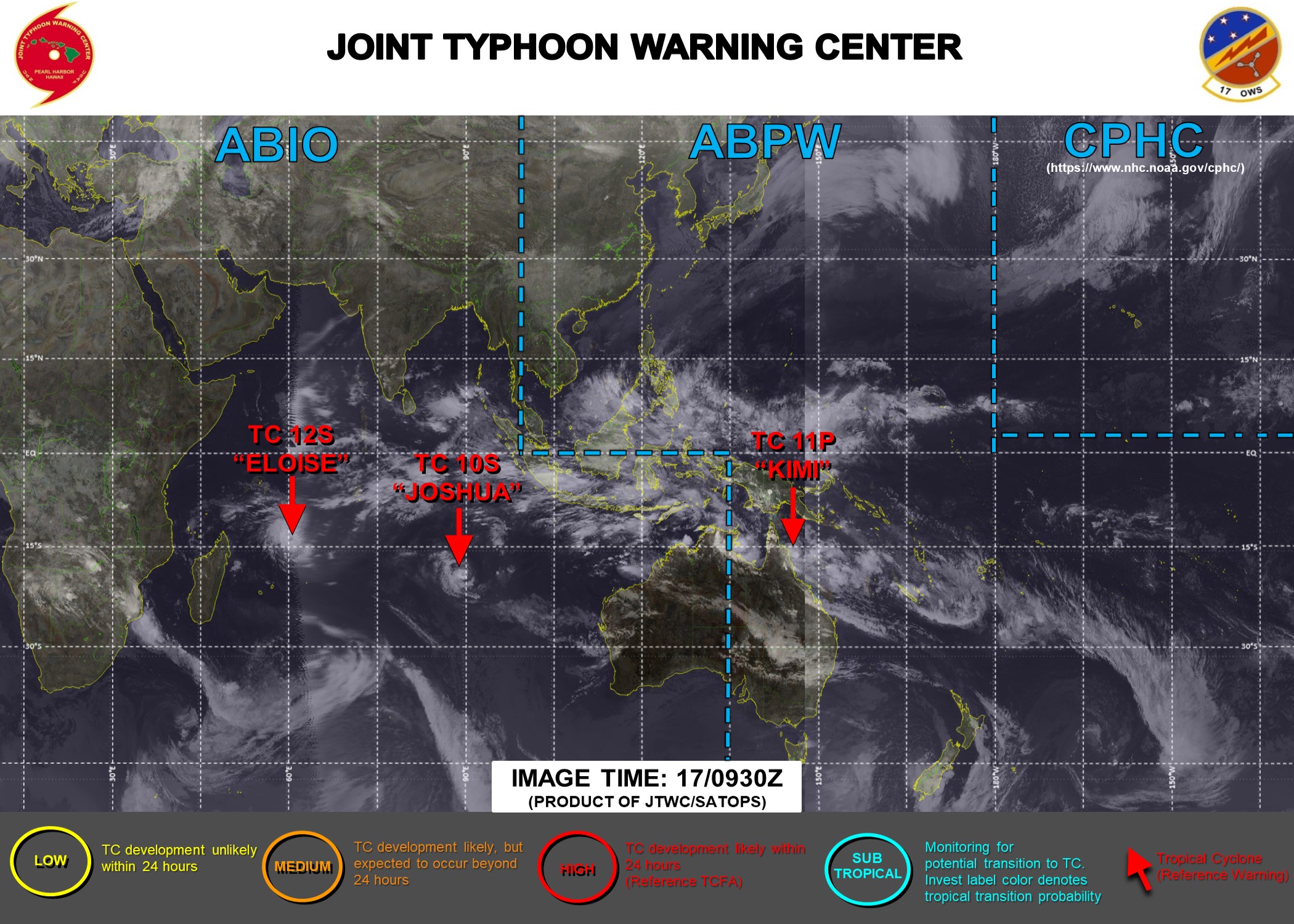 THE JTWC IS ISSUING 12HOURLY WARNINGS ON 10S(JOSHUA) AND 12S(ELOISE) AND 6HOURLY WARNINGS ON 11P(KIMI). 3HOURLY SATELLITE BULLETINS ARE PROVIDED FOR THE 3 SYSTEMS.