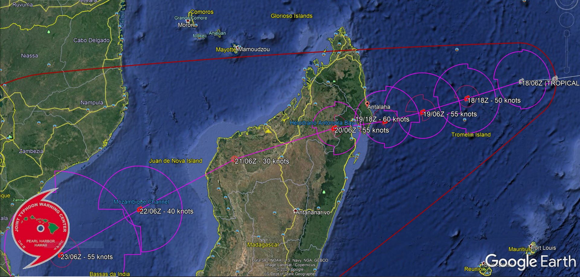 12S(ELOISE). WARNING 3. FORECAST TO TRACK WEST- SOUTHWESTWARD THROUGH THE FORECAST PERIOD ALONG THE NORTHWESTERN  FLANK OF A DEEP-LAYERED SUBTROPICAL RIDGE ENTRENCHED TO THE  SOUTHEAST AND SOUTH. 12S IS FORECAST TO STEADILY  INTENSIFY TO A PEAK OF 60 KNOTS BY 36H AS IT APPROACHES THE  NORTHEAST COAST OF MADAGASCAR JUST SOUTH OF ANTALAHA. THE SYSTEM WILL WEAKEN RAPIDLY AFTER  MAKING LANDFALL NEAR 48H, AND INTENSITY WILL FALL BELOW 35KNOTS OVER THE MOUNTAINOUS  TERRAIN OF MADAGASCAR BY 72H. AFTER 72H, 12S IS FORECAST TO  RE-INTENSIFY AS IT EMERGES OVER THE MOZAMBIQUE CHANNEL.