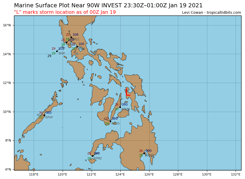 CENTER LOCATION AT 19/00UTC, APPRX 55KM WEST NORTHWEST OF TACLOBAN CITY.