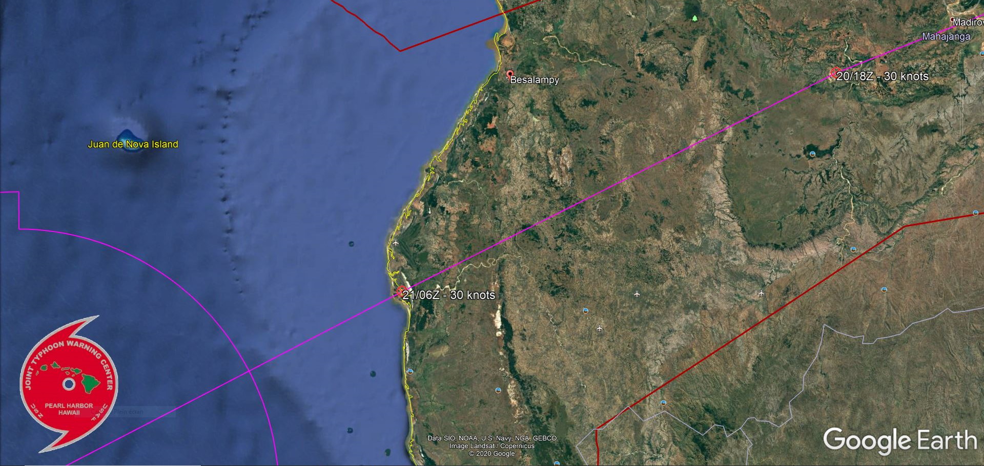 12S IS FORECAST TO EXIT OVER OPEN WATER APPRX 120KM SOUTHWEST OF BESALAMPY BY 21/06UTC. 12S IS FORECAST TO EXIT OVER OPEN WATER APPRX 120KM SOUTHWEST OF BESALAMPY BY 21/06UTC.