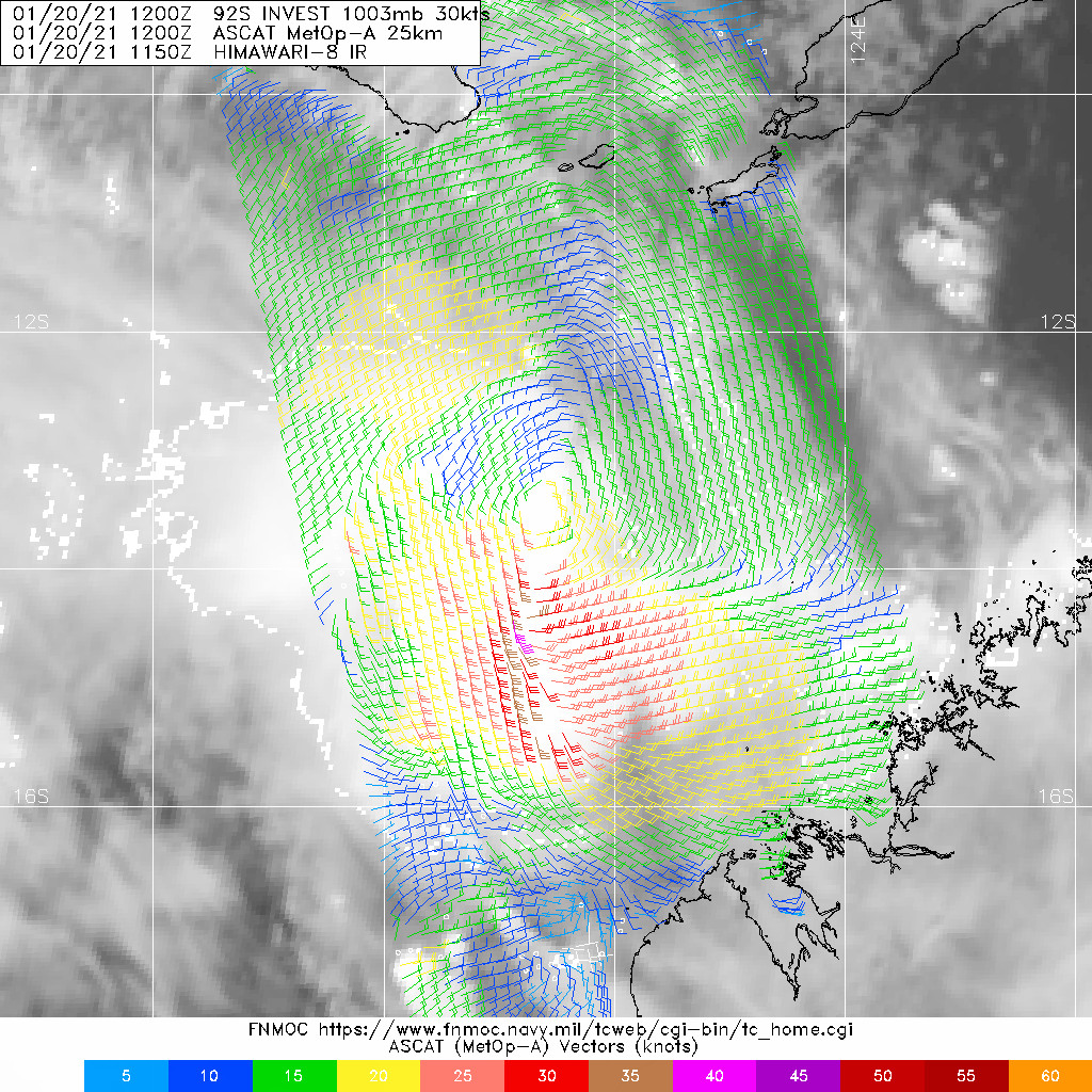 INVEST 92S. 20/12UTC. ASCAT-A IMAGE DEPICTS 25-30KT WINDS  WRAPPING ALONG THE SOUTHERN PERIPHERY OF THE LOW LEVEL CIRCULATION CENTER WHILE DEEPER CONVECTION  TO THE SOUTH HAS HIGHER WINDS (35-40KTS).