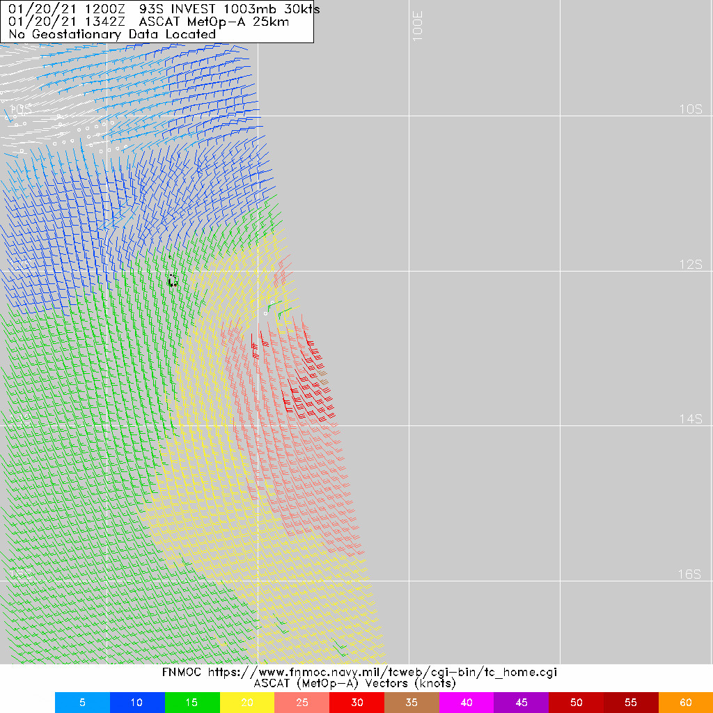 INVEST 93S. 20/1342UTC. PARTIAL ASCAT-A DEPICTED 30/35KNOTS WINDS SOUTHWEST OF THE LOW LEVEL CIRCULATION CENTER.