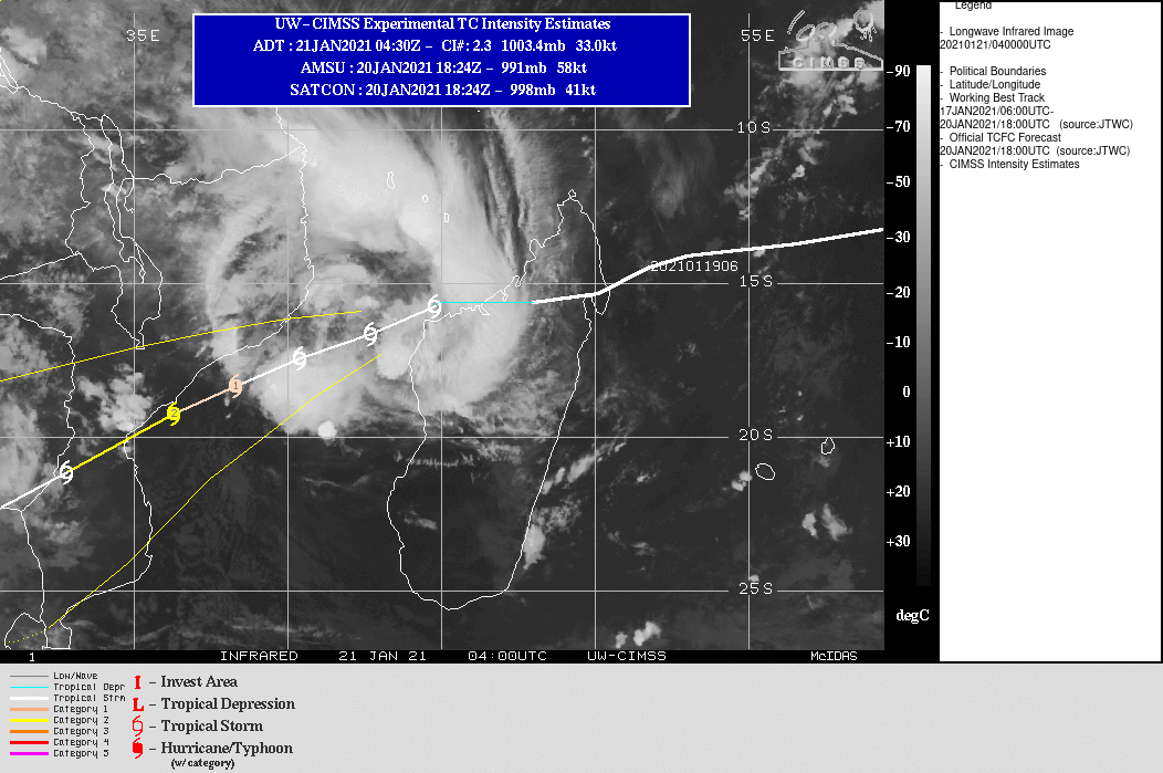 12S(ELOISE). WARNING 8 ISSUED AT 20/21UTC. THE CENTER HAS REEMERGED OVER WATER. ELOISE IS TRACKING ALONG THE NORTHWESTERN PERIPHERY OF A SUBTROPICAL RIDGE (STR) POSITIONED TO THE SOUTHEAST AND THROUGH A FAVORABLE ENVIRONMENT CHARACTERIZED BY WARM (28-29 CELSIUS) SEA SURFACE TEMPERATURES (SST), LOW (10-15 KTS) VERTICAL WIND SHEAR (VWS) AND ROBUST EQUATORWARD AND MODERATE POLEWARD OUTFLOW ALOFT. THESE FAVORABLE CONDITIONS ARE EXPECTED TO CONTINUE THROUGH 48H AND RESULT IN A PEAK INTENSITY OF 90 KNOTS/CATEGORY 2 BY THIS TIME. THE SYSTEM WILL CONTINUE TO TRACK ALONG THE STEERING STR AND MAKE LANDFALL NEAR BEIRA,  MOZAMBIQUE BETWEEN 48H AND 72H, WITH FURTHER INTENSIFICATION  LIKELY TO OCCUR PRIOR TO LANDFALL. THEREAFTER, THE SYSTEM WILL  BEGIN TO DISSIPATE OVER LAND DUE TO INCREASING VWS AND INTERACTION  WITH THE UNDERLYING TERRAIN AND COMPLETE DISSIPATION OVER LAND BY  96H.