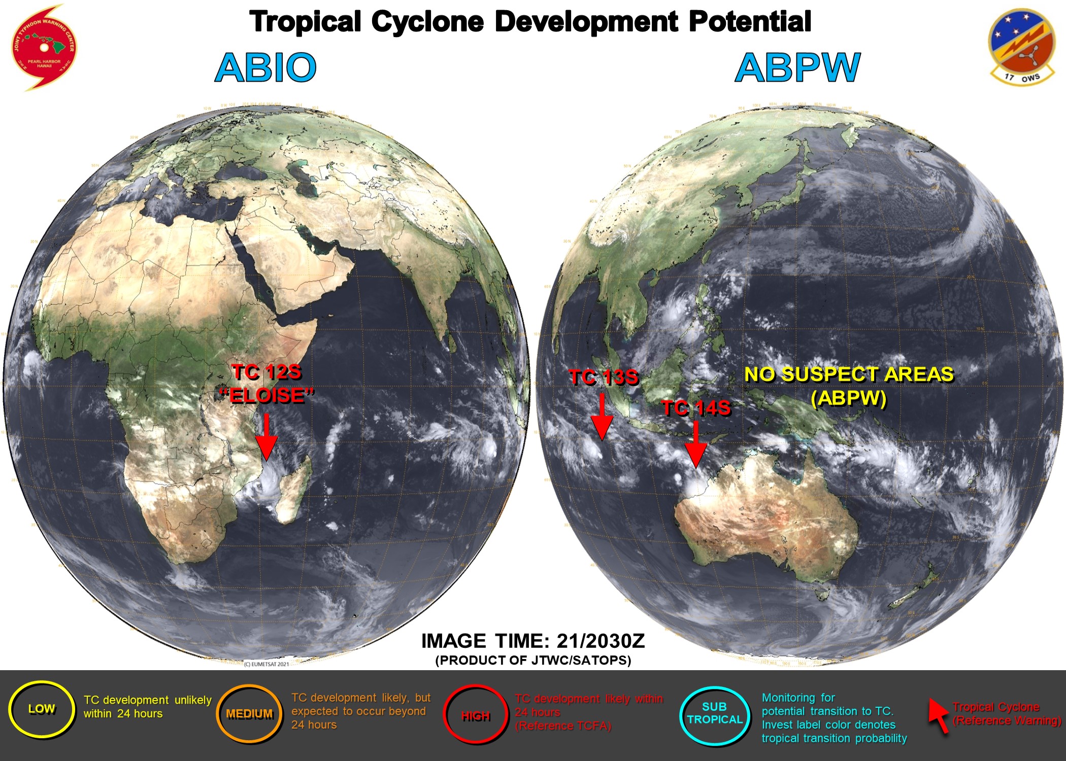 21/2030UTC. THE JTWC IS ISSUING 6HOURY WARNINGS ON 14S(NONAME) AND 12HOURLY WARNINGS ON 12S(ELOISE) AND 13S(NONAME). 3 HOURLY SATELLITE BULLETINS ARE PROVIDED FOR THE 3 SYSTEMS. 21/2030UTC. THE JTWC IS ISSUING 6HOURY WARNINGS ON 14S(NONAME) AND 12HOURLY WARNINGS ON 12S(ELOISE) AND 13S(NONAME). 3 HOURLY SATELLITE BULLETINS ARE PROVIDED FOR THE 3 SYSTEMS.