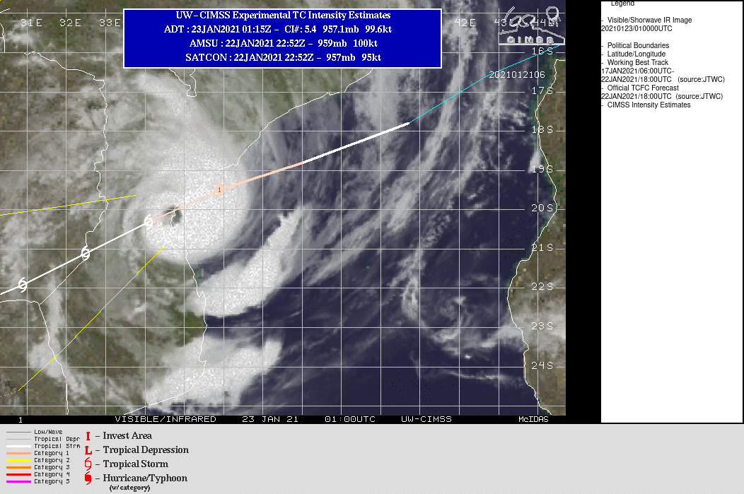 23/01UTC. THE EYE IS TRACKING APPRX 20KM SOUTH OF BEIRA MAKING LANDFALL.