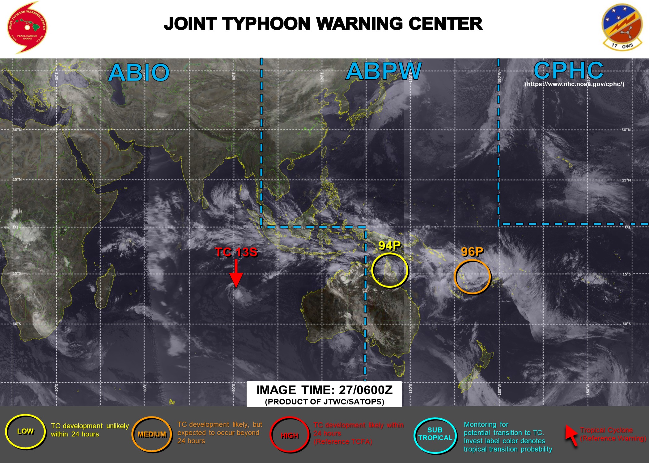 JTWC HAS BEEN ISSUING 12HOURLY WARNINGS AND 3 HOURLY SATELLITE BULLETINS FOR 13S(NONAME). INVEST 96P HAS BEEN UP-GRADED TO MEDIUM FOR THE NEXT 24HOURS.