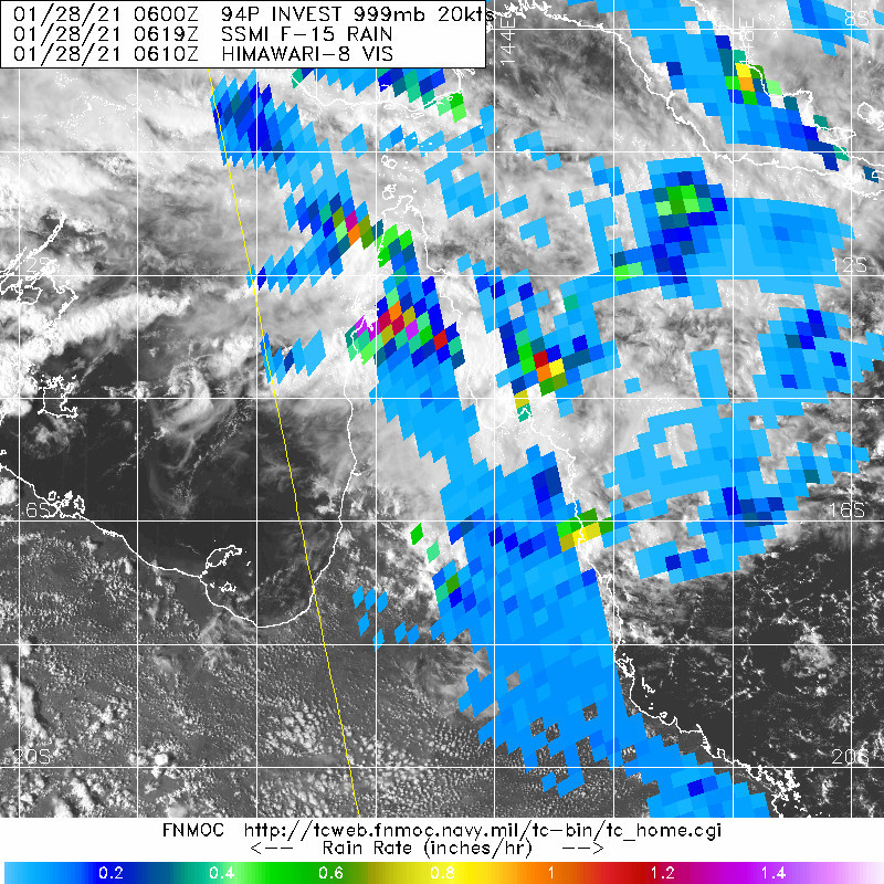 INVEST 94P. 28/0619UTC. THE OVER-LAND DISTURBANCE HAS BEEN DELIVERING LOCALISED HEAVY RAIN OVER THE CAPE YORK PENISNSULA.