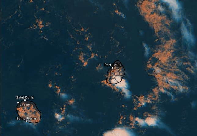 28/11h45. Les nuages bourgeonnent vite sur les IlES SOEURS. Des paquets actifs peuvent se développer rapidement très localement comme sur le Sud-Est de MAURICE au moment de cette image satellite. Eumetsat.PH.