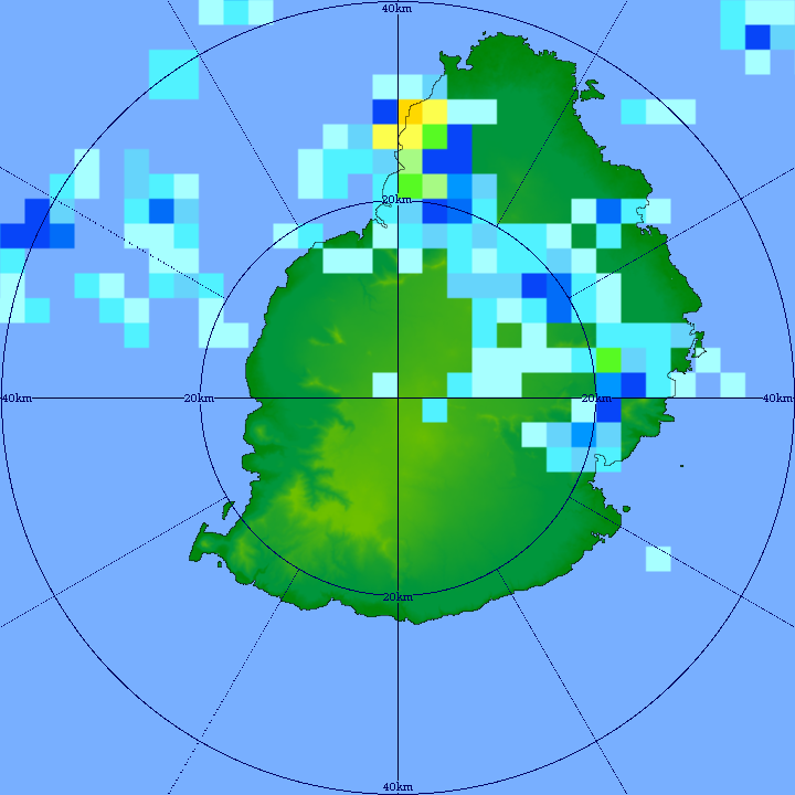28/14h21. Fortes pluies localement torrentielles(couleur orange) heureusement sur des périodes plutôt courtes. Suffisantes néanmoins pour causer des flash-floods. Radar de Trou Aux Cerfs. MMS/Vacoas.
