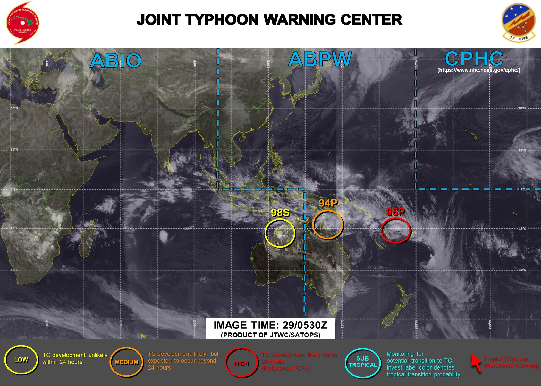 29/0530UTC.JTWC HAS BEEN ISSUING 3HOURLY SATELLITE BULLETINS ON INVEST 96P. INVEST 94P HAS BEEN UP-GRADED TO MEDIUM WHILE INVEST 98S IS NOW UNDER CLOSE WATCH. THE REMNANTS OF 13S(NONAME) ARE STILL BEING MONITORED.