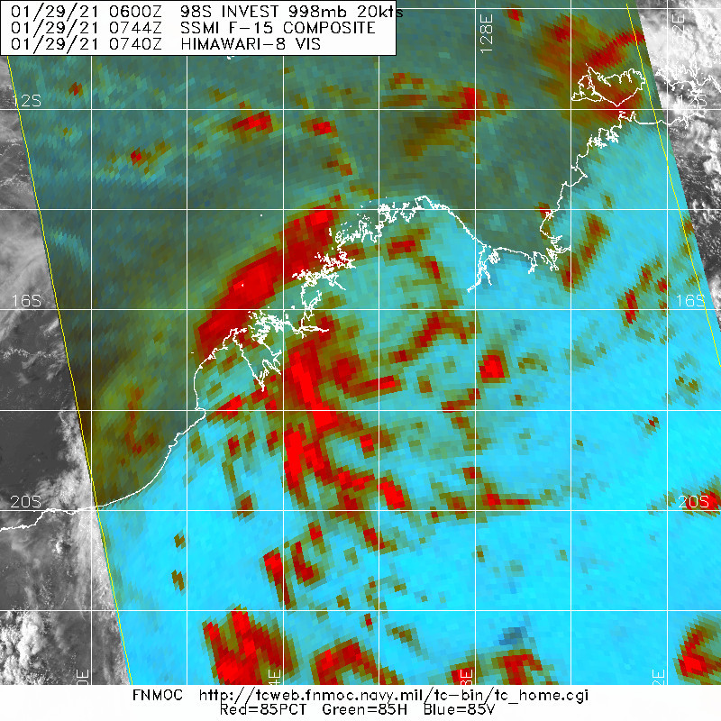 INVEST 98S. IMAGERY (MSI) DEPICTS LOW LEVEL BANDING WRAPPING INTO A LOW LEVEL CIRCULATION CENTER (LLCC) THAT IS OVER LAND.UPPER LEVEL ANALYSIS INDICATES A MARGINALLY FAVORABLE ENVIRONMENT FOR DEVELOPMENT WITH LOW TO MODERATE (10-20 KTS) VERTICAL WIND SHEAR (VWS) AND POLEWARD OUTFLOW. SURROUNDING SEA SURFACE TEMPERATURES (SST) ARE VERY WARM (30-31C), PROVIDING A CONDUCIVE ENVIRONMENT FOR DEVELOPMENT IN THE EVENT THAT INVEST 98S TRACKS OVER WATER.